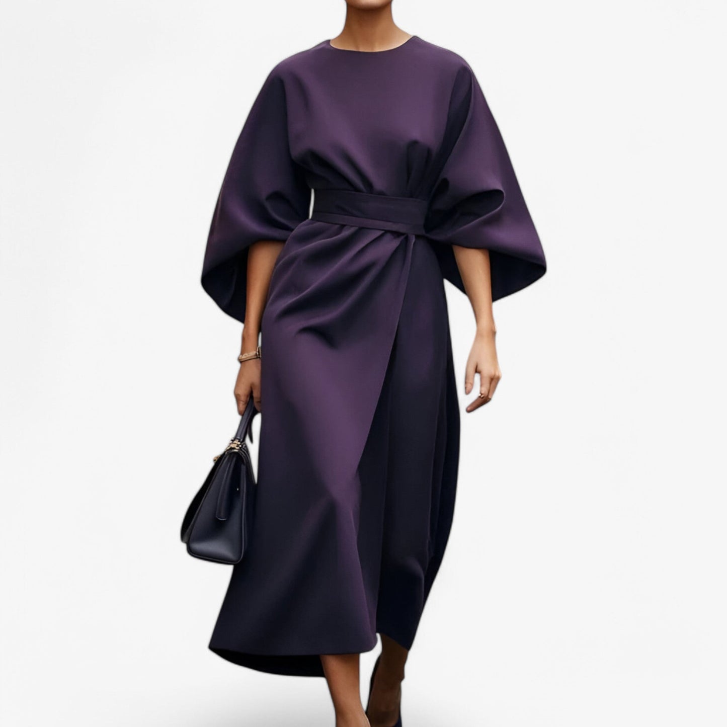 Robe Longue Élégante à Ceinture avec Encolure Ronde