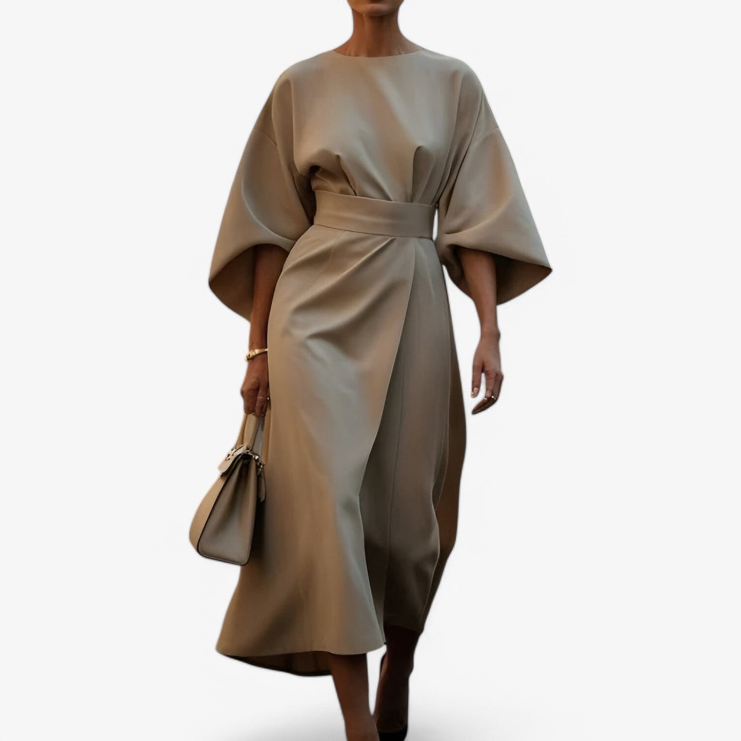 Robe Longue Élégante à Ceinture avec Encolure Ronde
