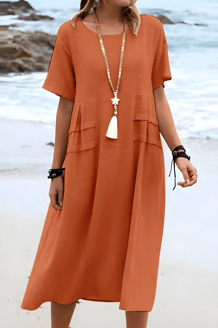 Robe Été Manches Courtes en Lin Beige avec Poches