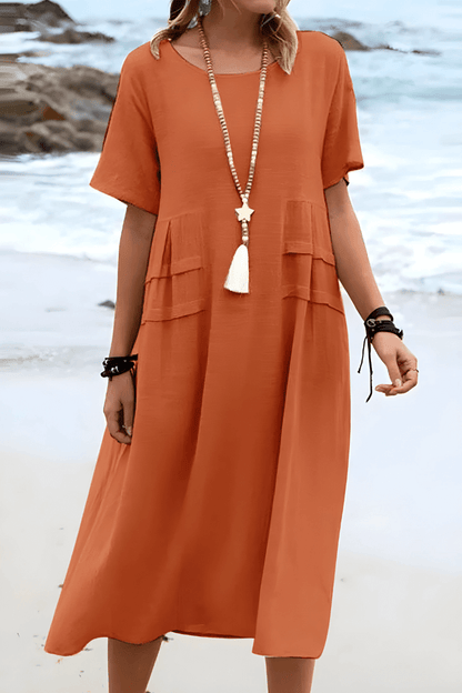 Robe Été Manches Courtes en Lin Beige avec Poches