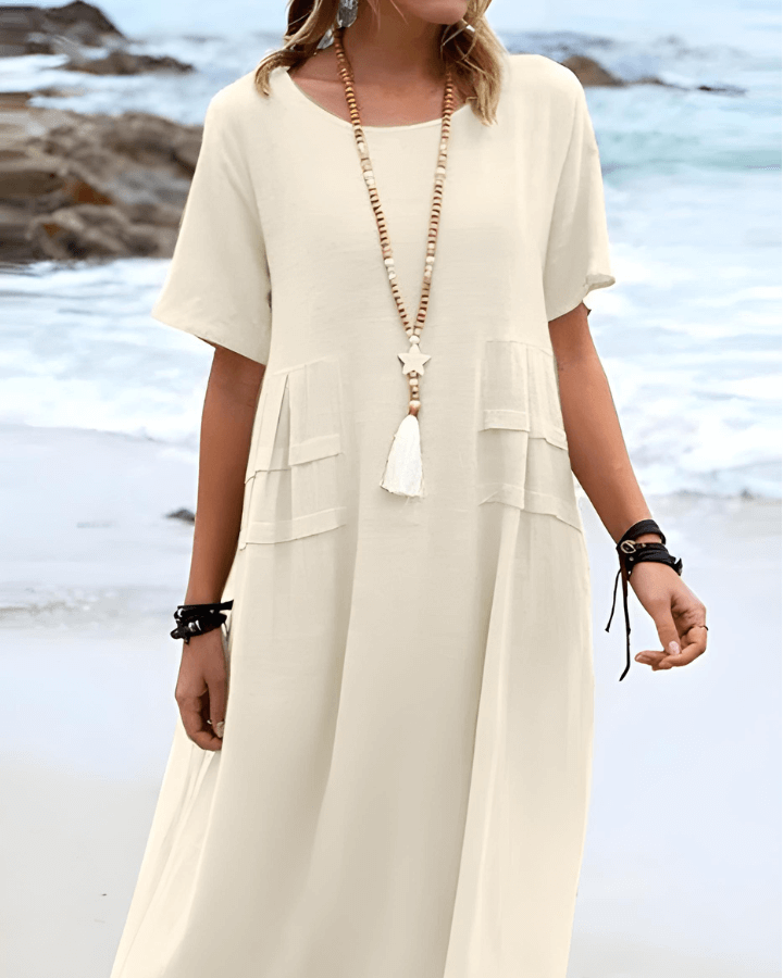 Robe Été Manches Courtes en Lin Beige avec Poches - PanierRoyale