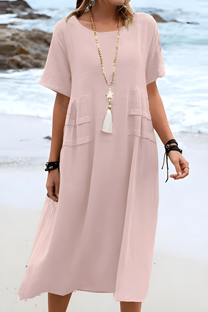 Robe Été Manches Courtes en Lin Beige avec Poches