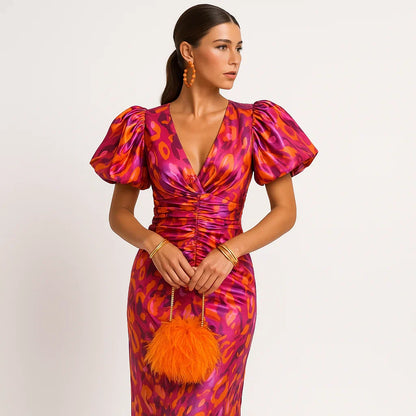 Robe Élégante Femme à Manches Bouffantes et Imprimé Floral - PanierRoyale