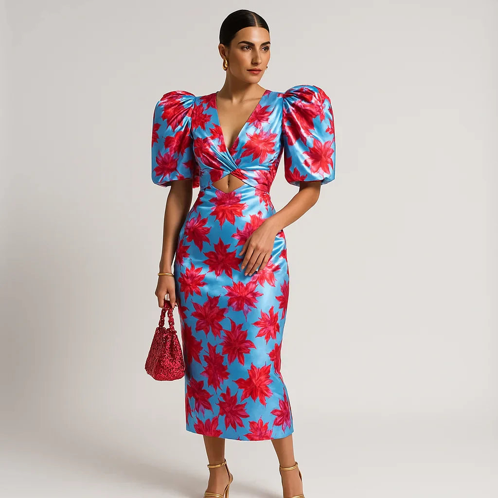 Robe Élégante Femme à Manches Bouffantes et Imprimé Floral