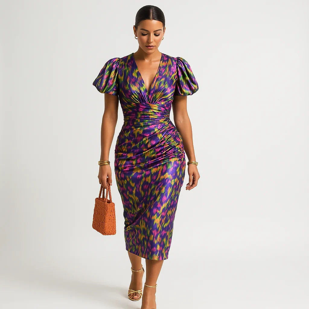 Robe Élégante Femme à Manches Bouffantes et Imprimé Floral