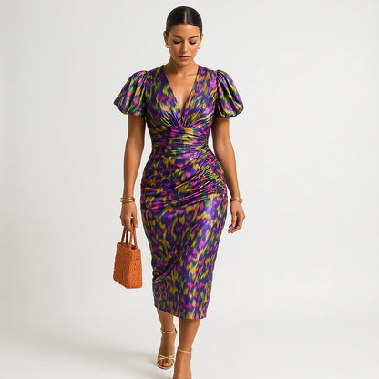 Robe Élégante Femme à Manches Bouffantes et Imprimé Floral