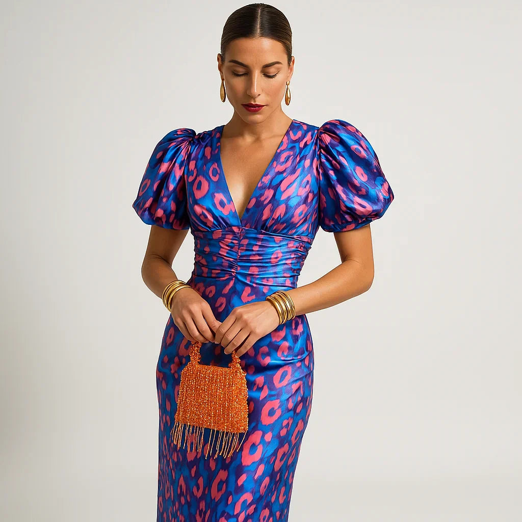 Robe Élégante Femme à Manches Bouffantes et Imprimé Floral