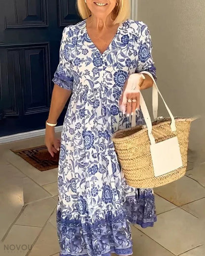 Robe Femme Fluide Imprimé Floral Col V Manches Courtes