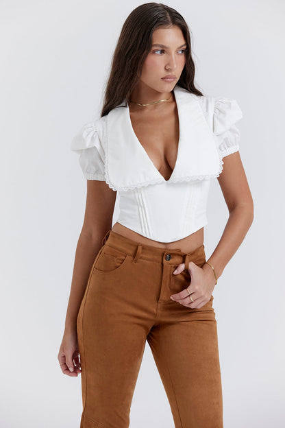 Top Corsage Blanc Élégant à Manches Bouffantes