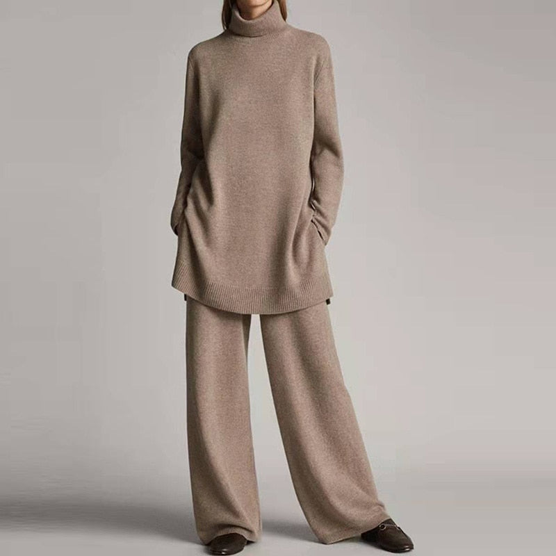 Ensemble Femme Tricot Col Roulé Confort et Pantalon Détente Élégant