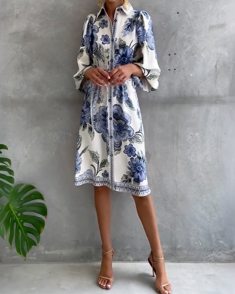 Robe Femme Imprimé Floral Manches Lanternes Boutons