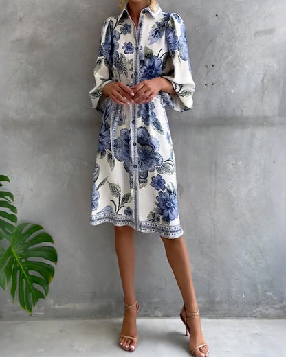 Robe Femme Imprimé Floral Manches Lanternes Boutons