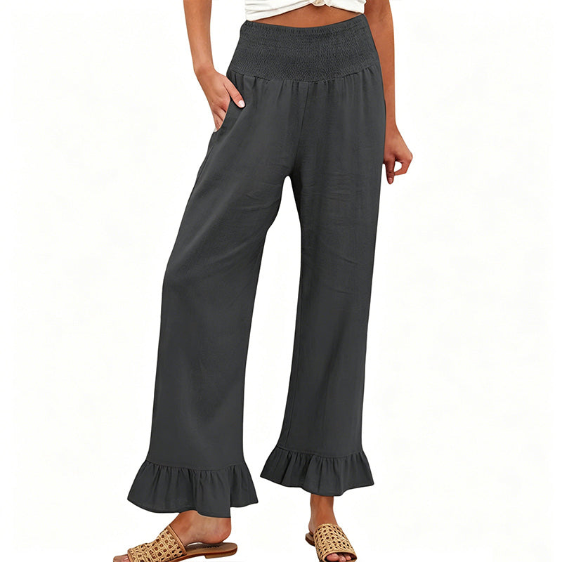 Pantalon Large Femme Coton Lin Taille Smock Volants Bas Boho