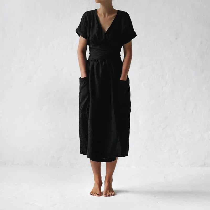 Robe Été en Lin pour Femme - Modèle Décontracté aux Manches Courtes