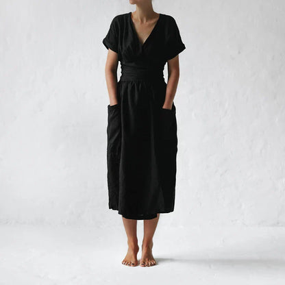 Robe Été en Lin pour Femme - Modèle Décontracté aux Manches Courtes
