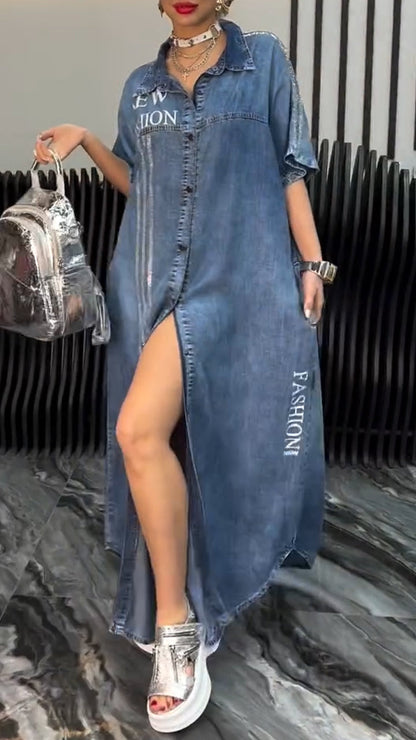 Robe Longue Femme Denim Tencel Boutonnée Coupe Décontractée