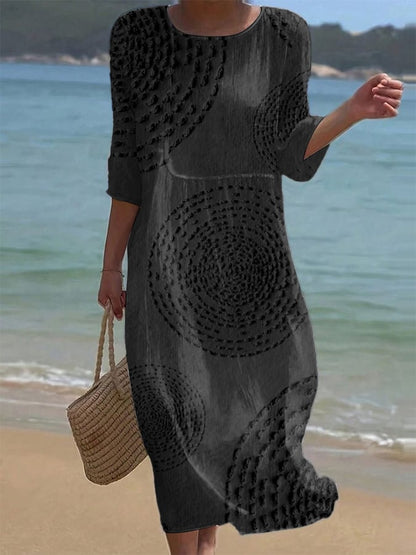Robe midi Femme Coton Lin Fluide Manches Courtes Décontractée