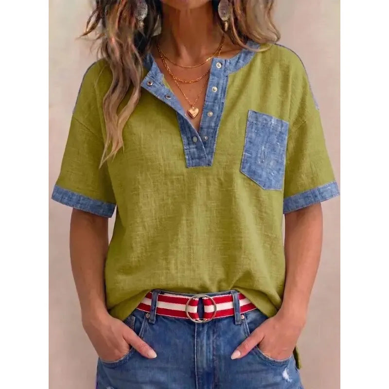 Femme Coton Col en V Détails Denim