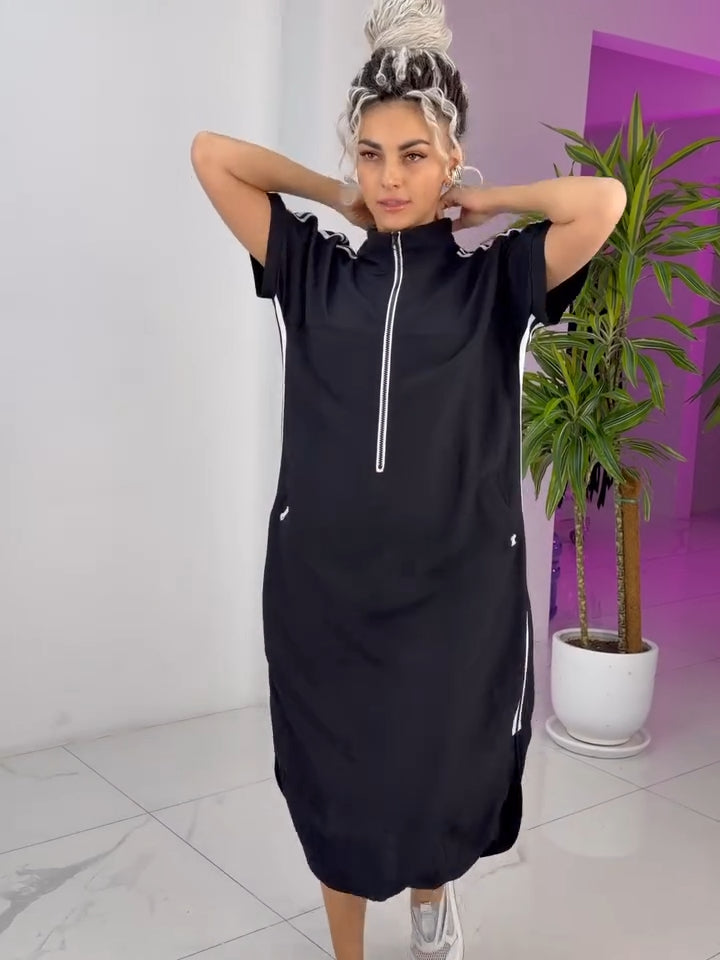 Robe Longue Femme Zippée Col Montant Coupe Fluide Sport Chic