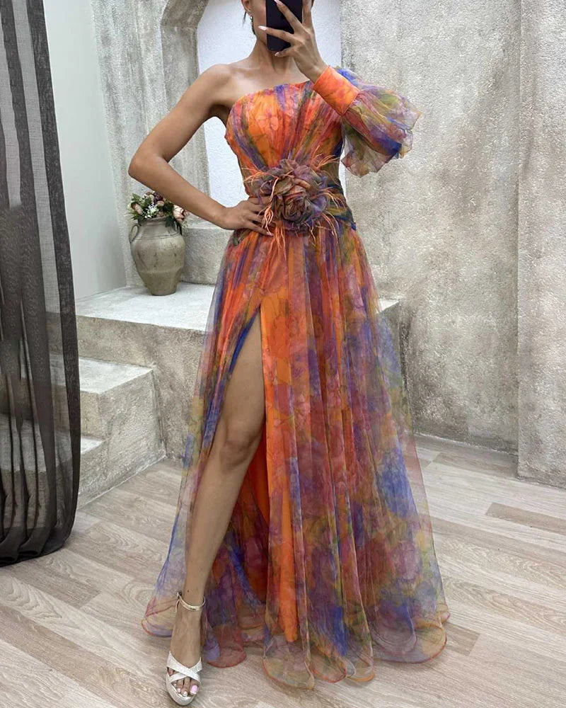Robe Soirée Asymétrique en Longueur Maxi avec Fleur et Fente