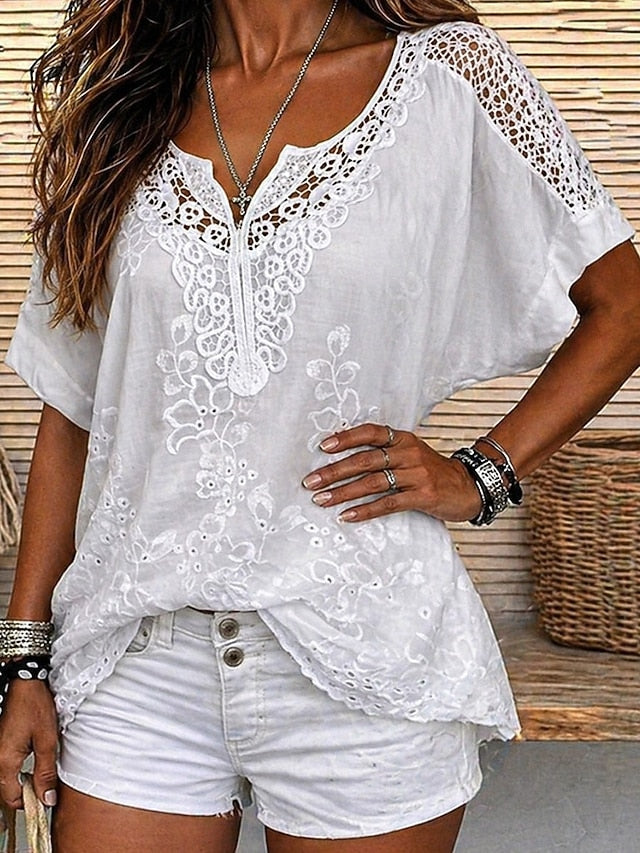 Blouse Femme Broderie Dentelle Florale Coupe Fluide
