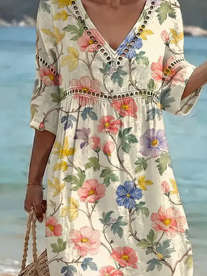 Robe midi Femme Coton Lin Col en V Imprimé Floral