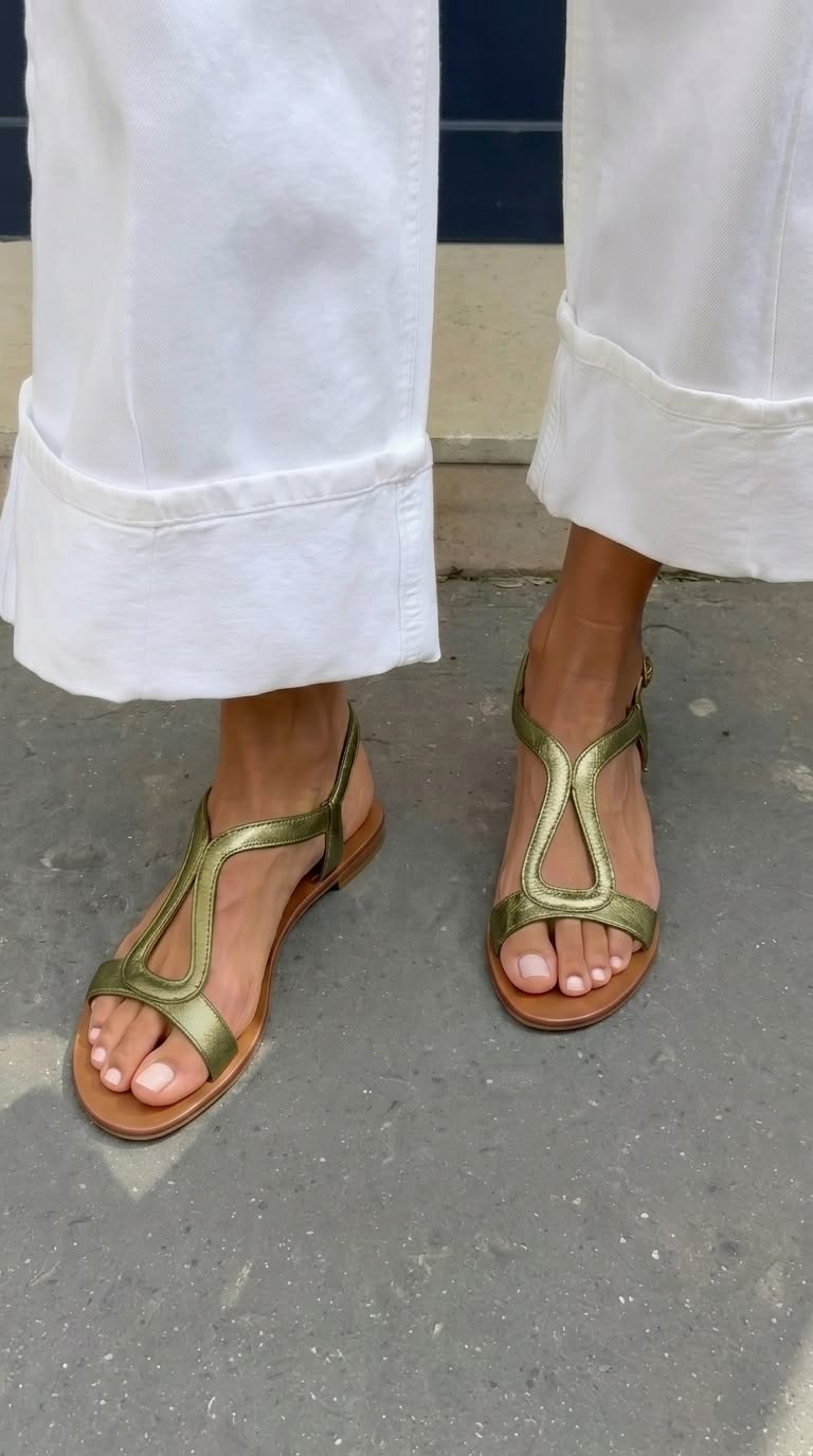 Sandales Femme Cuir Métallisé Bride Ouverte
