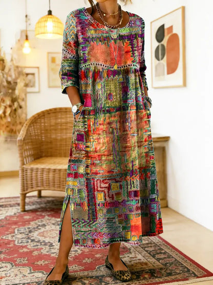 Robe Femme Denim Patchwork Ethnique Coupe Fluide