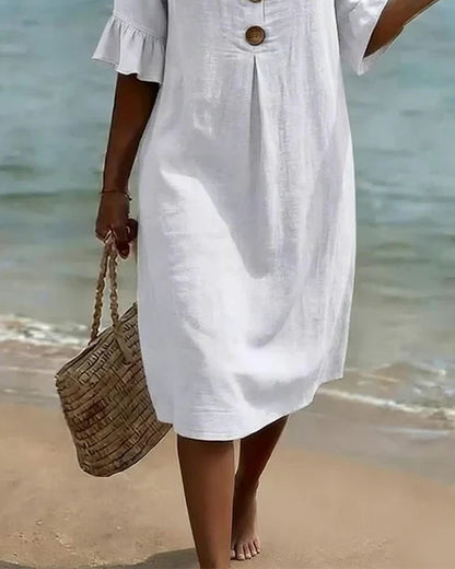 Robe Femme Coton Lin Boutonnée Manches Volantées Estivale