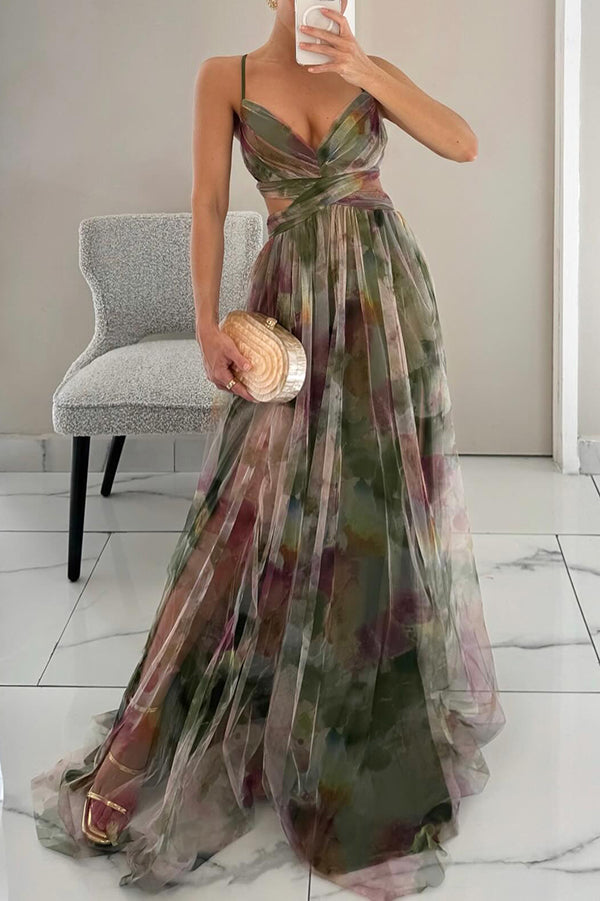 Robe Longue Femme Décolleté V Jupe Fluide Motif Abstrait