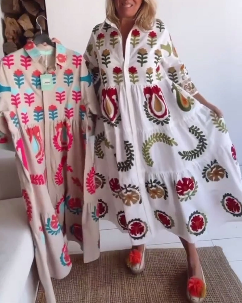 Robe midi Femme Fluide Imprimé Floral Col Revers Manches Courtes