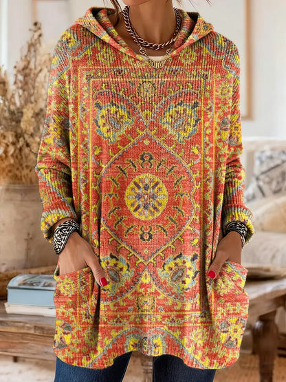 Tunique Femme Tricot Capuche Style Rétro Coupe Ample Poches