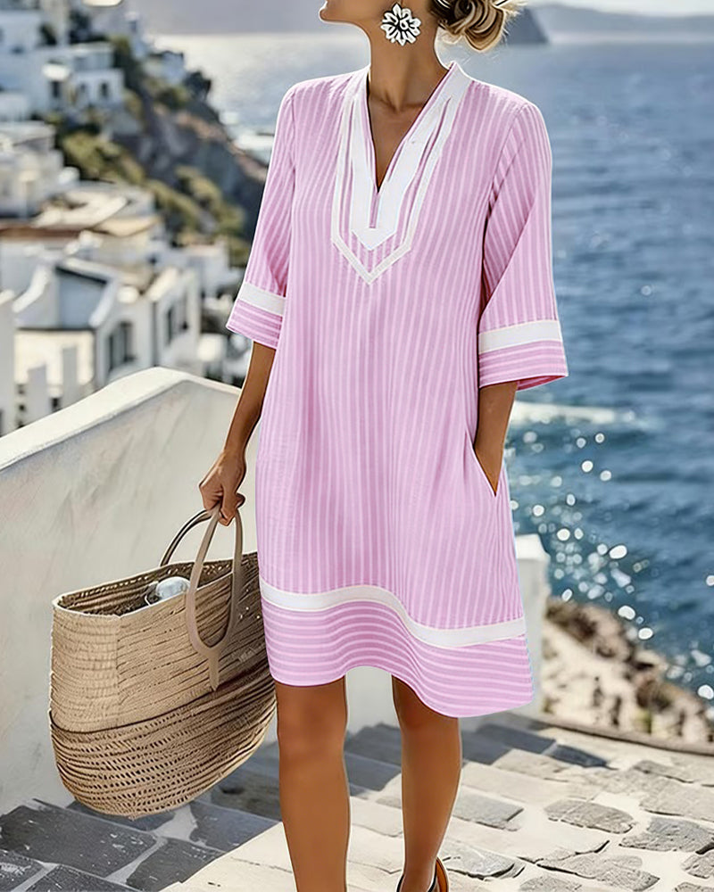Robe Femme Col en V Manches Courtes Coupe Droite