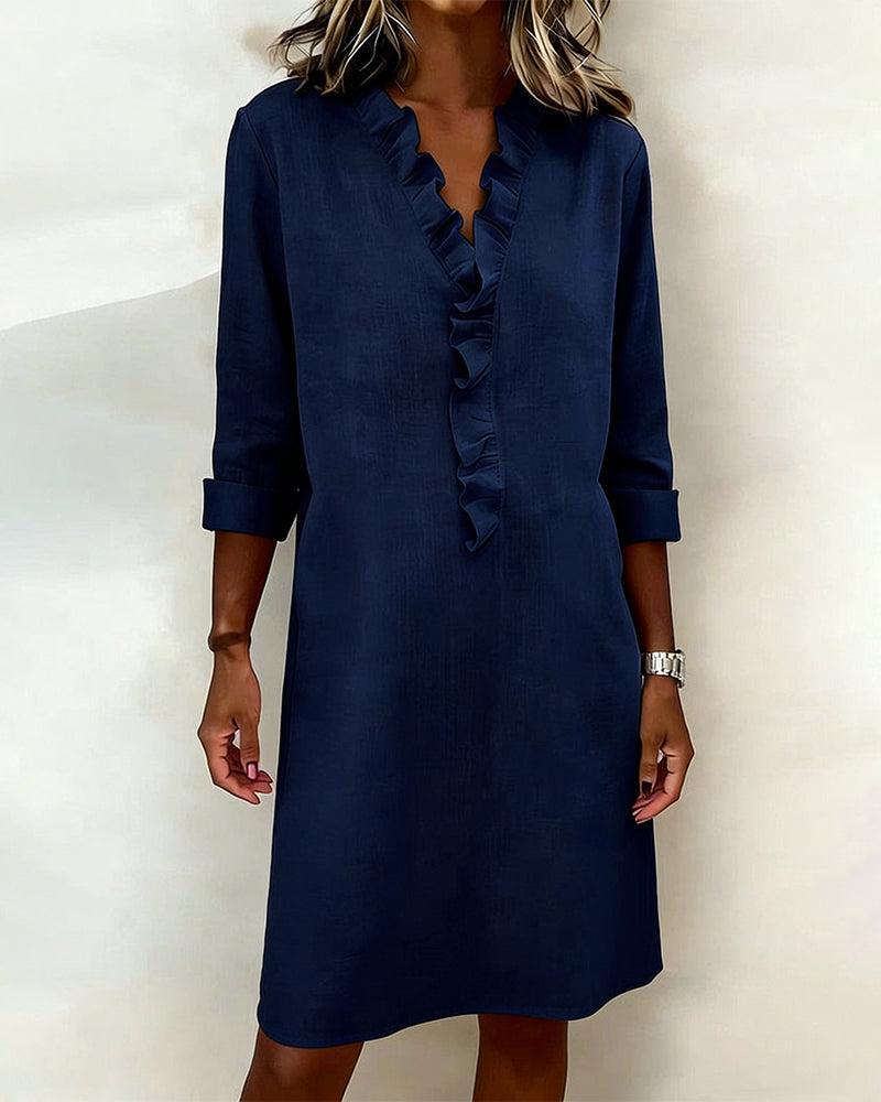 Robe Femme Col en V Volants Coupe Droite Décontractée