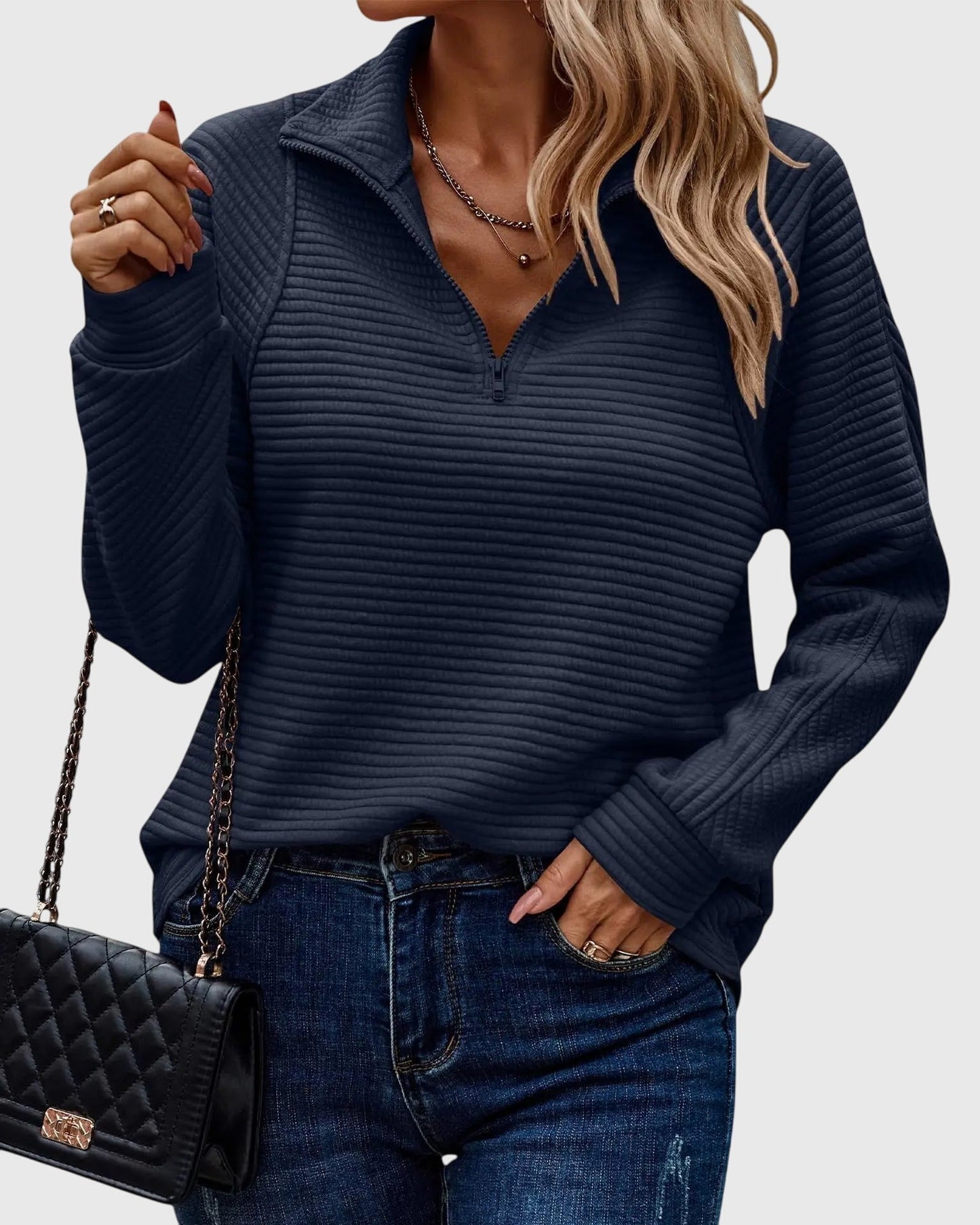Pull femme décontracté à manches longues avec fermeture éclair