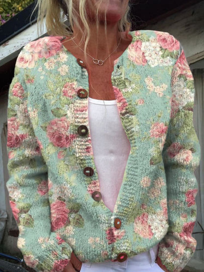 Cardigan stylé pour femme en tricot avec imprimé fleuri | Fermeture à boutons