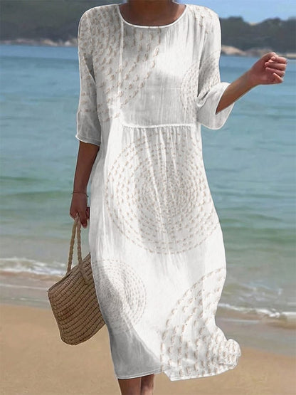 Robe midi Femme Coton Lin Fluide Manches Courtes Décontractée - PanierRoyale