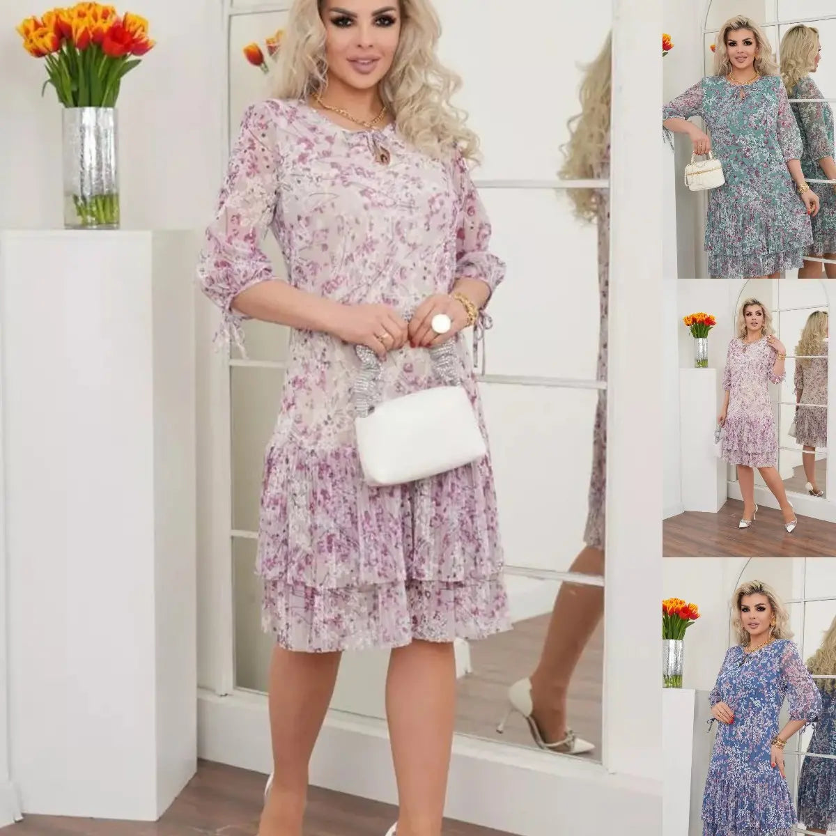 Robe Femme en Mousseline Volants Manches Courtes