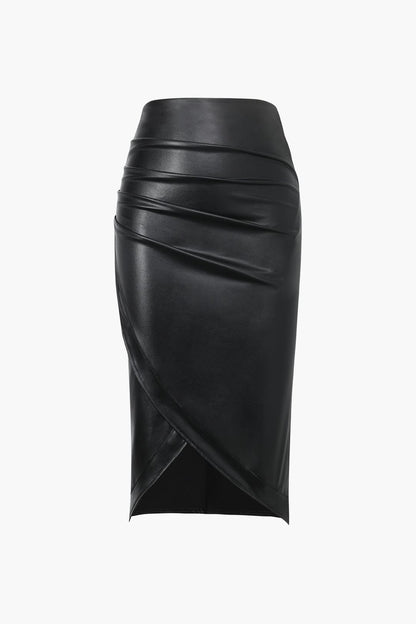 Jupe en Cuir Synthétique Asymétrique Mi-Longue