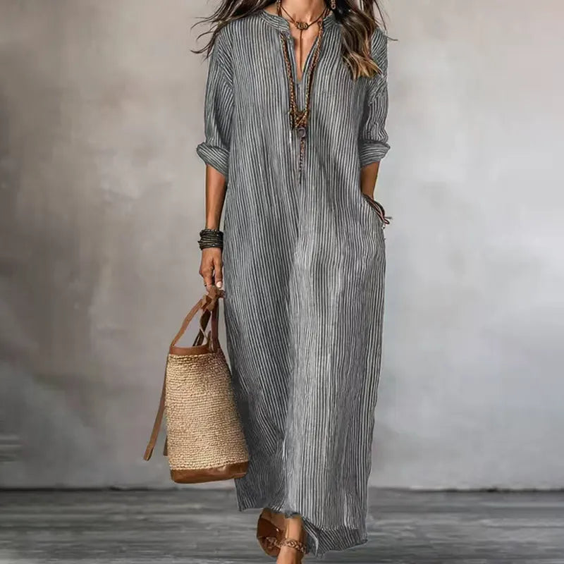 Robe maxi Femme Col en V Manches longues Coupe rayée