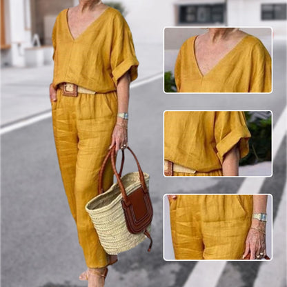 Ensemble Femme Col en V Pantalon Ample Coupe Décontractée