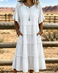 Robe midi Femme Coton Lin Volants Délicats
