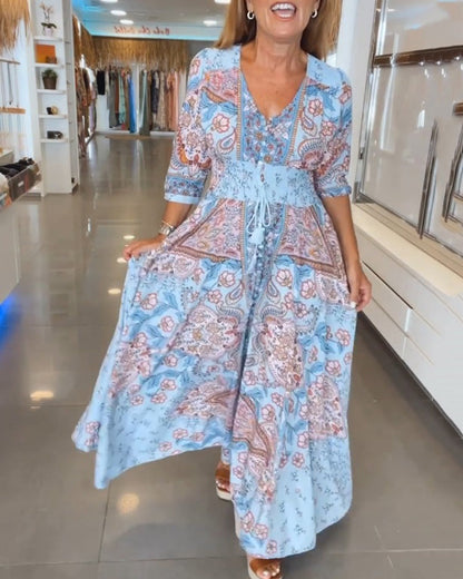 Robe maxi Femme Imprimé Col en V Taille Ajustable - PanierRoyale