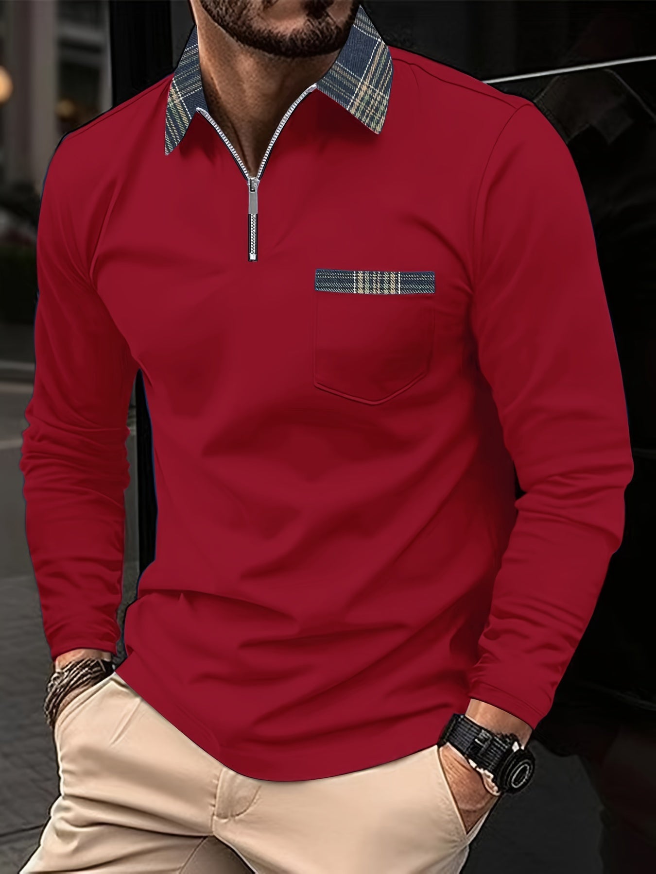 Polo Homme Manches Longues Motif Écossais Classique - PanierRoyale