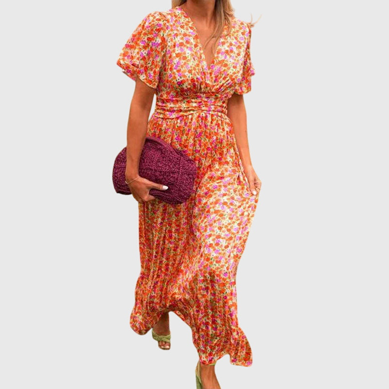 Robe Femme Longue Fleurs Manches Courtes
