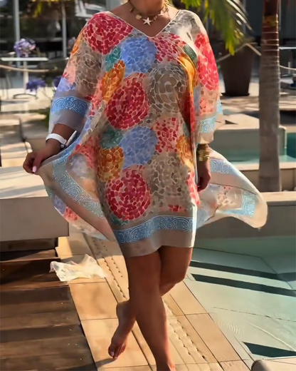 Robe Plage Femme Imprimée Manches Chauve-souris Fluides