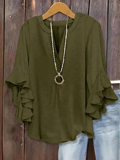 Blouse Femme Manches Volantées Col V Élégant
