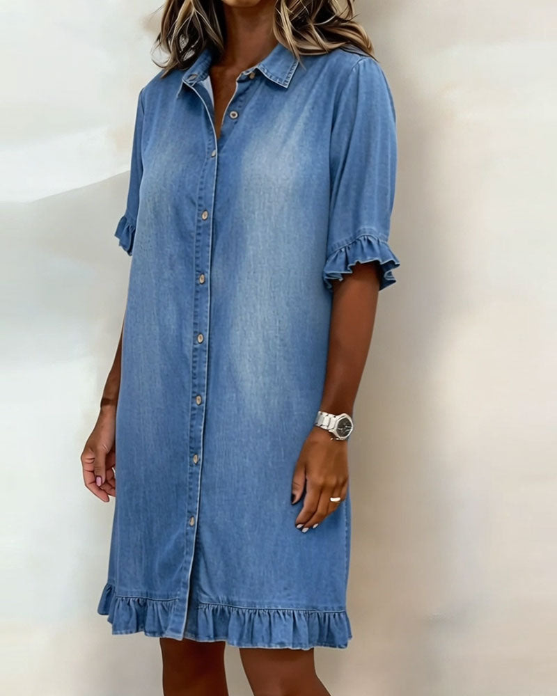 Robe Femme Denim Confortable Boutons et Volants
