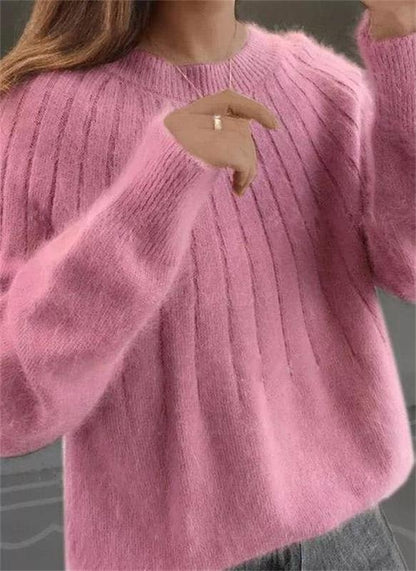 Pull Femme Laine Mélangée Marine à Manches Longues