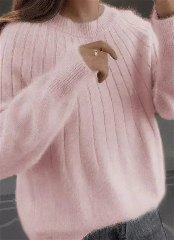 Pull Femme Laine Mélangée Marine à Manches Longues